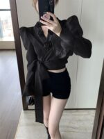 Elegant 3D Floral Blouse – French Tie-Waist Sheer Wrap Shirt - Image 5