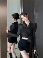 Elegant 3D Floral Blouse – French Tie-Waist Sheer Wrap Shirt - Image 9