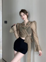 Elegant 3D Floral Blouse – French Tie-Waist Sheer Wrap Shirt - Image 6