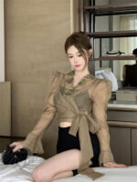 Elegant 3D Floral Blouse – French Tie-Waist Sheer Wrap Shirt - Image 10