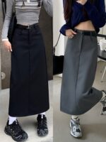 High Waist Black Utility Midi Skirt with Side Slit - Image 8