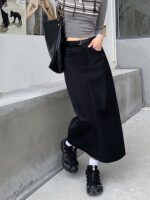 High Waist Black Utility Midi Skirt with Side Slit - Image 7