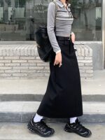 High Waist Black Utility Midi Skirt with Side Slit - Image 5