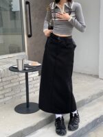 High Waist Black Utility Midi Skirt with Side Slit - Image 2