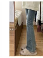 High Waist Stretch Micro Flare Raw Hem Denim Pants - Image 6