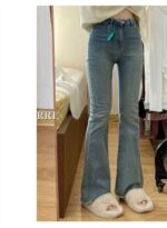 High Waist Stretch Micro Flare Raw Hem Denim Pants - Image 4