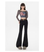 High Waist Stretch Micro Flare Raw Hem Denim Pants - Image 2
