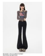 High Waist Stretch Micro Flare Raw Hem Denim Pants - Image 14