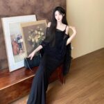 Sweet Spicy Spaghetti Strap Fishtail Dress Set with Lightweight Shawl - Image 3