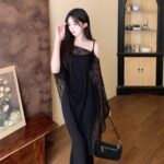 Sweet Spicy Spaghetti Strap Fishtail Dress Set with Lightweight Shawl - Image 11