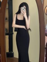 Sweet Spicy Spaghetti Strap Fishtail Dress Set with Lightweight Shawl - Image 8