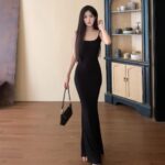 Sweet Spicy Spaghetti Strap Fishtail Dress Set with Lightweight Shawl - Image 7