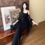 Sweet Spicy Spaghetti Strap Fishtail Dress Set with Lightweight Shawl - Image 5