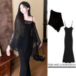 Sweet Spicy Spaghetti Strap Fishtail Dress Set with Lightweight Shawl - Image 2