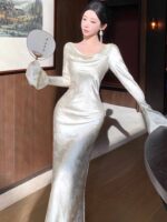 Satin Low-Neck Flared Sleeve Bodycon Dress - Image 4