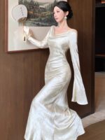 Satin Low-Neck Flared Sleeve Bodycon Dress - Image 3