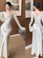 Satin Low-Neck Flared Sleeve Bodycon Dress - Image 2