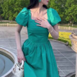 Puff Sleeve Women’s Tea Break Dress – Retro Slim Waist Long Dress