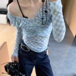 Blue Plaid One-Shoulder Mesh Long Sleeve T-Shirt for Women – Slim Fit Off-Shoulder Top