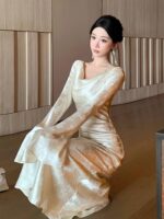 Satin Low-Neck Flared Sleeve Bodycon Dress