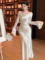 Satin Low-Neck Flared Sleeve Bodycon Dress - Image 5