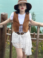 Brown Suede Layered Tie V-Neck Crop Vest - Image 4