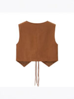 Brown Suede Layered Tie V-Neck Crop Vest - Image 9