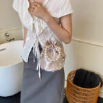 Satin Pearl Crossbody Handbag - Small Tote, Chanel Style Bucket Bag for Women