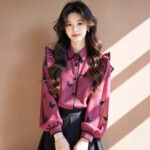 Rose Red Butterfly Print Puff Sleeve Top – Women's Flying Sleeve Blouse