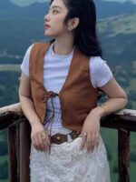 Brown Suede Layered Tie V-Neck Crop Vest - Image 5