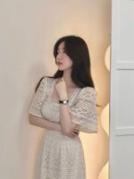 Summer retro square collar high-end French high-waisted  lace maxi dress - Image 3