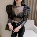 Transparent Mesh Top with Rhinestones – Sweet & Stylish Outfit - Image 3