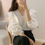 Chic Lace French Ruffle Puff Sleeve Long Sleeve Shirt for Women, V-neck
