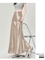High Waist Acetate Satin A-Line Fishtail Midi Skirt - Image 12