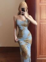 French tie-dye printed spaghetti strap dress  long bodycon dress - Image 4